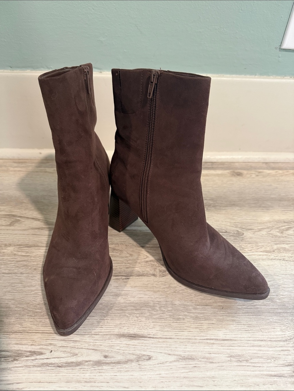 Women's Brown Suede Mid-Calf Zip Heel Boots